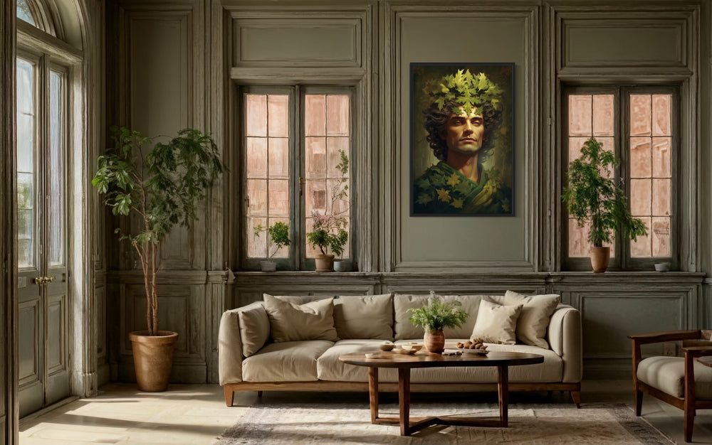 Green Man Celtic Mythology Framed Canvas Wall Art in living room