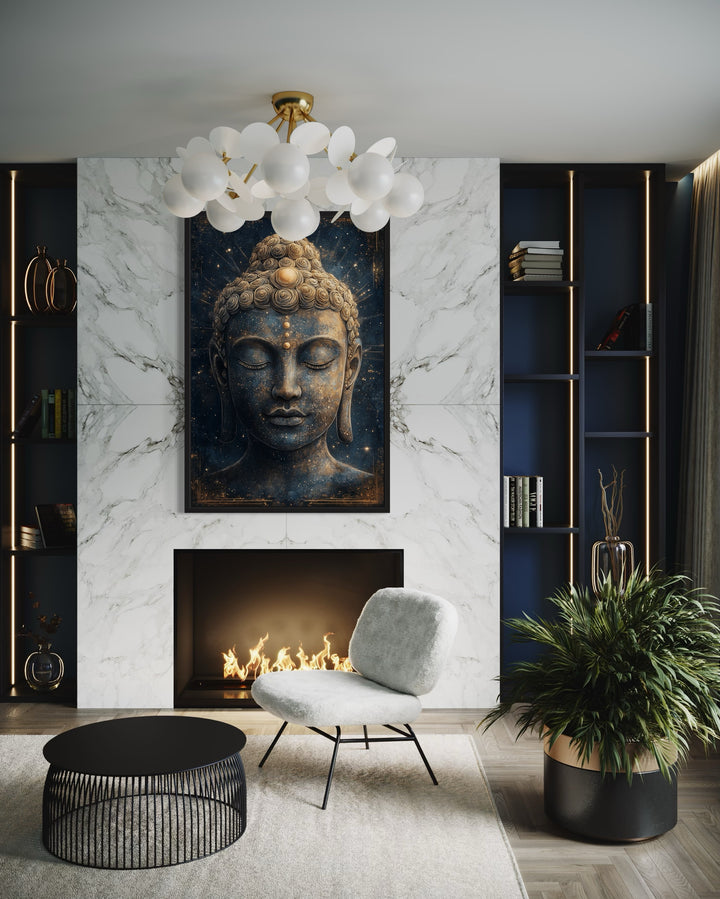 Navy Blue Buddha Statue Zen Cosmic Framed Canvas Wall Art above fireplace