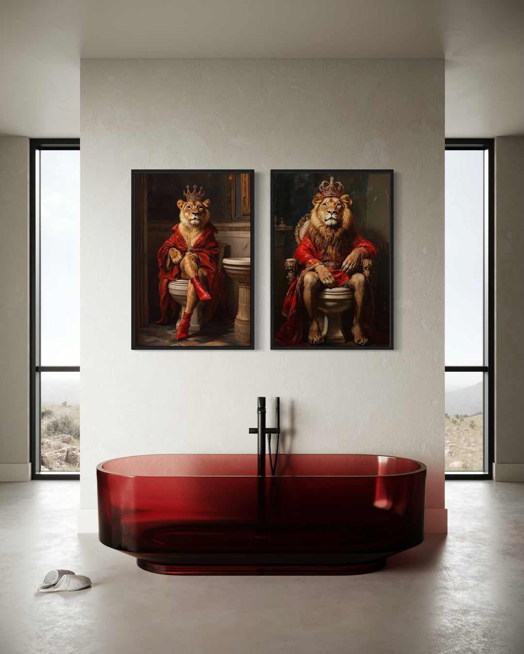 2 Piece Male Female Bathroom Wall Art - Lion King And Lioness Queen On Toilets above red bathtub