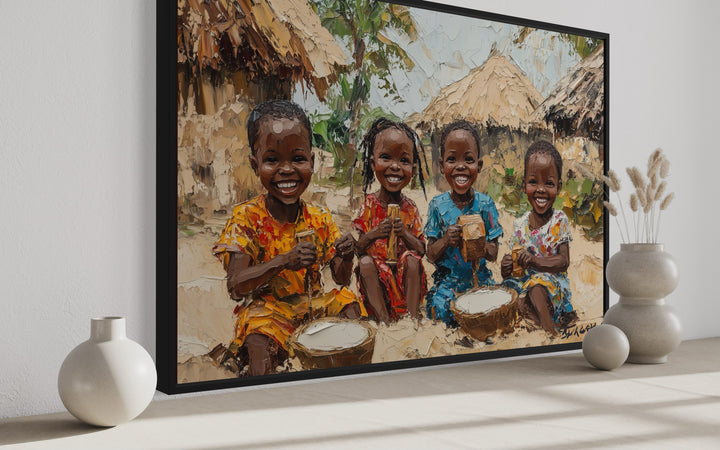 a painting of three black children playing drums