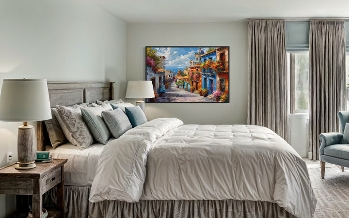 Colorful Mexican Village Street Framed Canvas Wall Art in bedroom