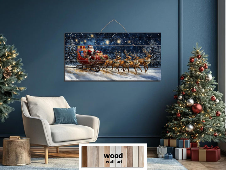Christmas Wall Art - Rustic Santa Claus In Sleigh and Reindeer Distressed Wood Wall Art