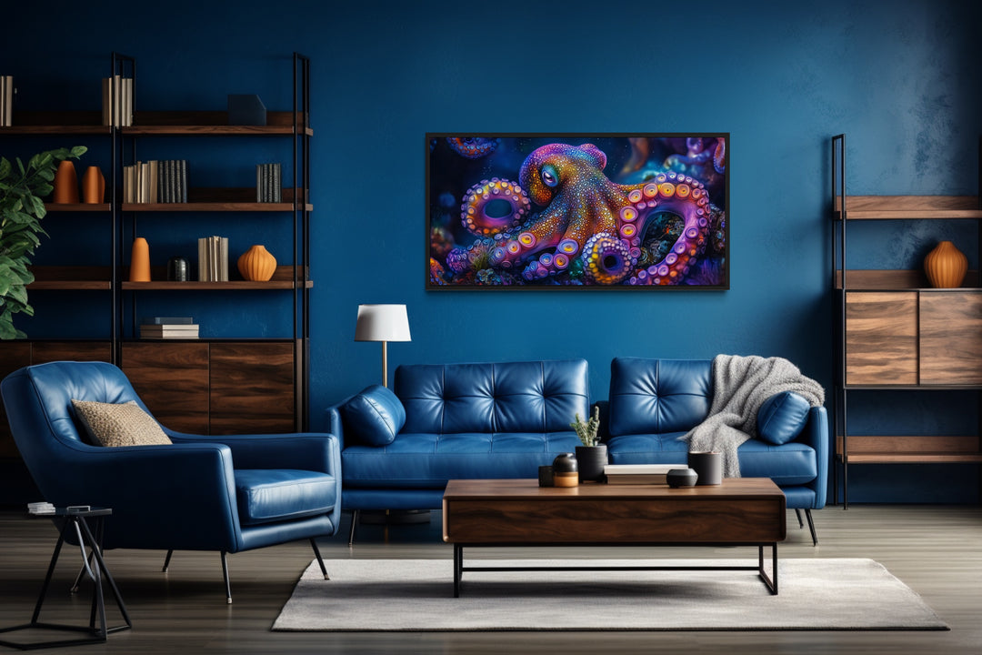 a living room with a blue couch and a painting on the wall