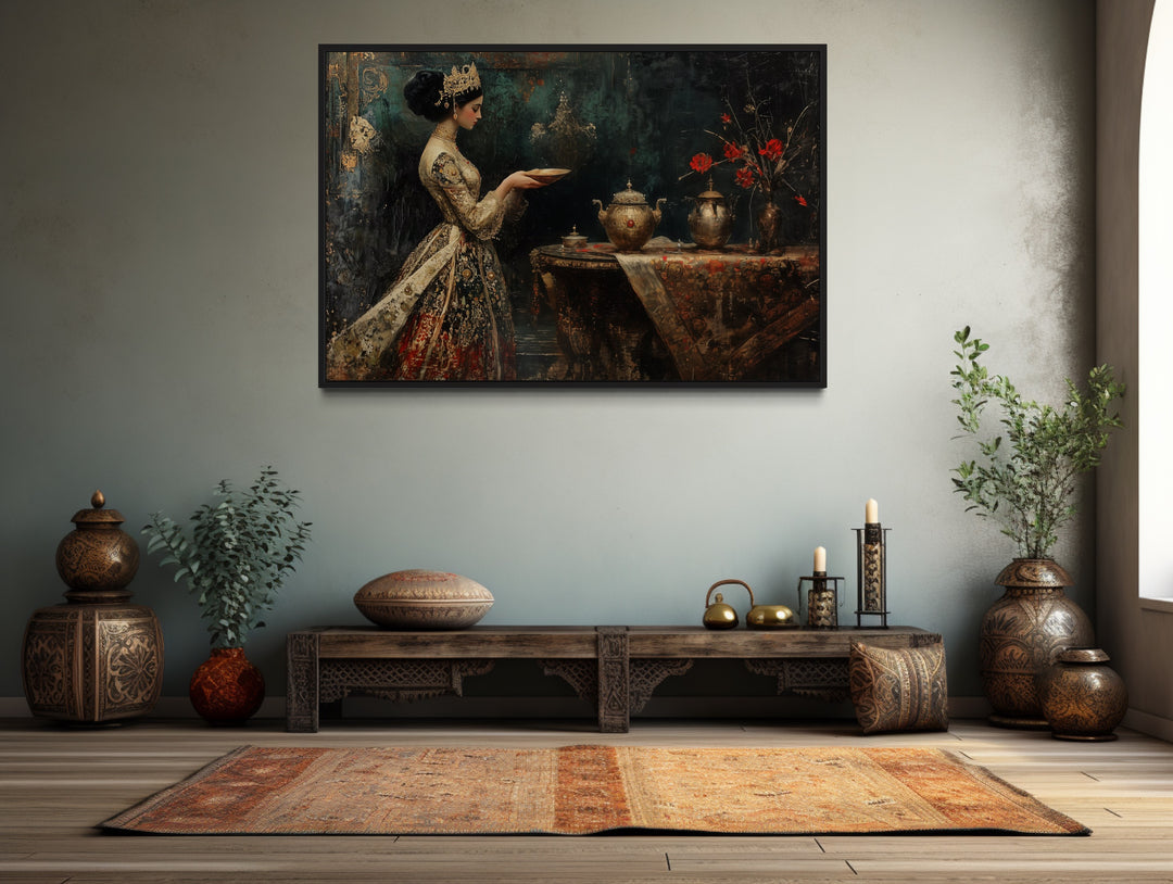 Persian Princess Serving Tea Framed Middle Eastern Canvas Wall Art in living room