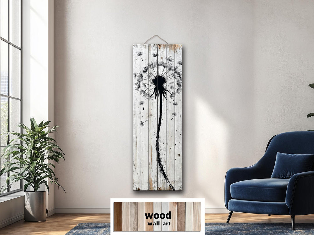 Tall Vertical Dandelion Wall Art - Whitewashed Distressed Wood Slim Rustic Floral Decor