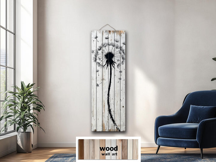 Tall Vertical Dandelion Wall Art - Whitewashed Distressed Wood Slim Rustic Floral Decor