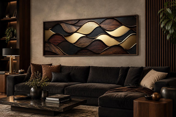 Long horizontal abstract wall art with brown, black, and gold wavy wood-grain geometric patterns.