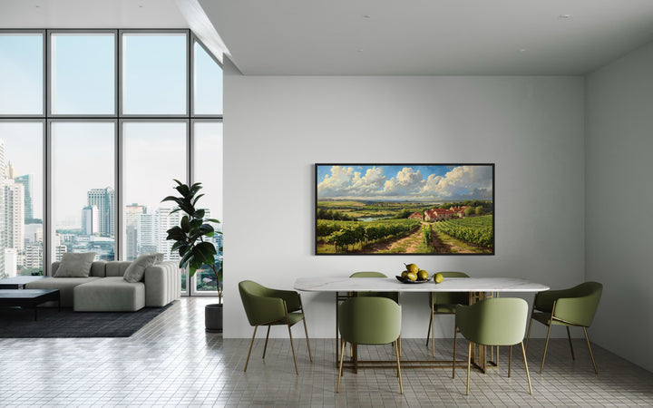 Tuscany Vineyards Italian Landscape Framed Canvas Wall Art in a dining room