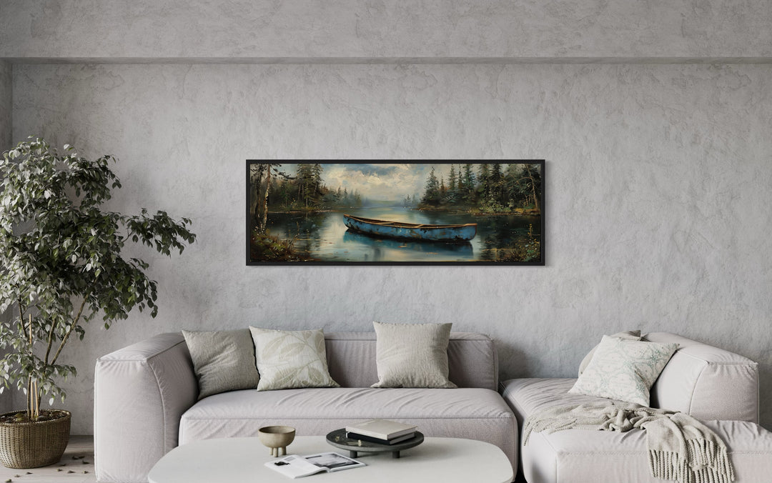 Old Blue Canoe In The Lake Long Horizontal Framed Canvas Wall Art above grey couch