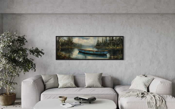 Old Blue Canoe In The Lake Long Horizontal Framed Canvas Wall Art above grey couch