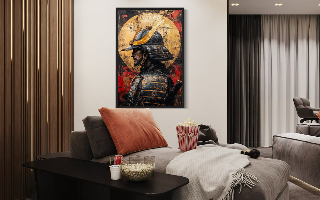 Modern Samurai Portrait With Full Moon Framed Canvas Wall Art in man cave