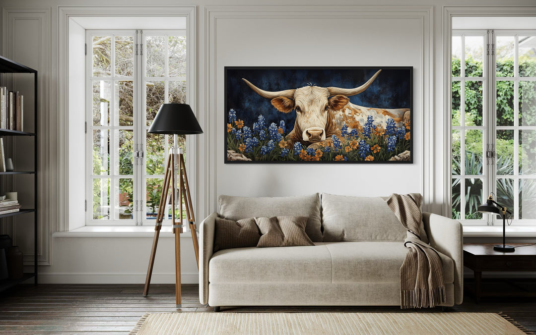 Rustic Texas Longhorn Cow In Bluebonnets Field Framed Canvas Wall Art in living room