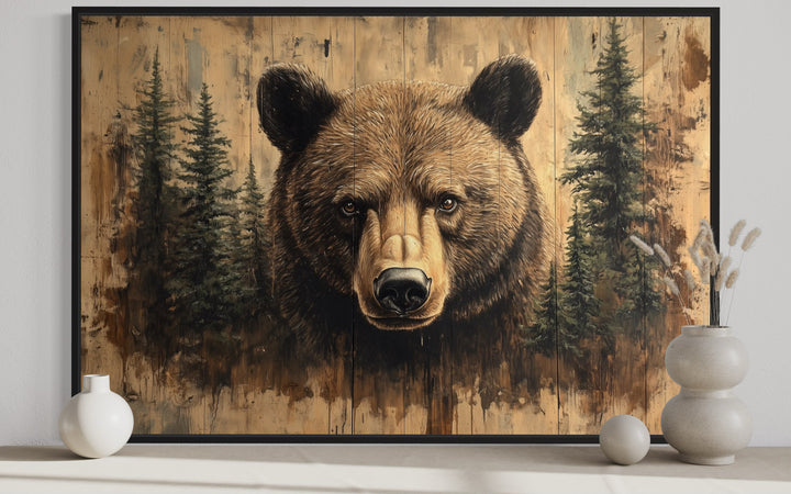 Grizzly Bear Portrait On Wood Rustic Framed Canvas Wall Art in close up