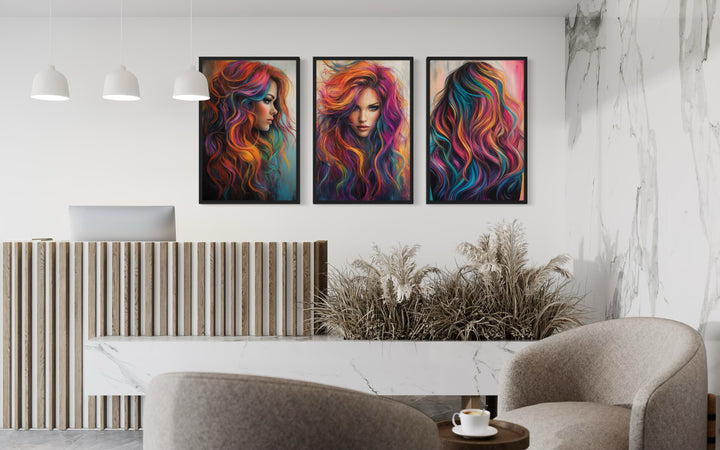 Hair Salon 3 Piece Framed Canvas Wall Art - Rainbow Colored Woman Painting Print