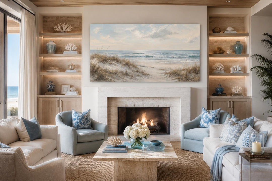 Wide horizontal wall art of sandy beach dunes, sea grass, and rolling waves in a coastal living room.