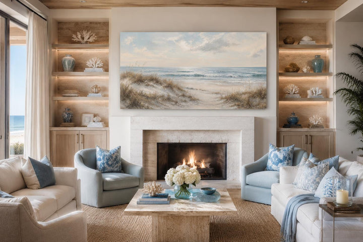 Wide horizontal wall art of sandy beach dunes, sea grass, and rolling waves in a coastal living room.