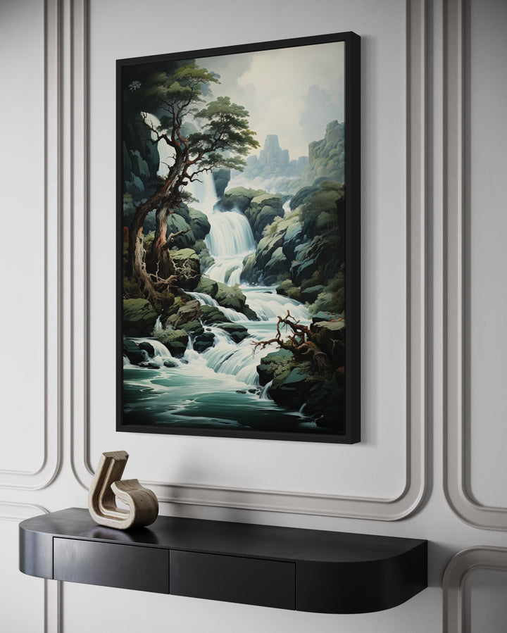 Ukioyo-E Style Waterfall Japanese Landscape Framed Canvas Wall Art side view