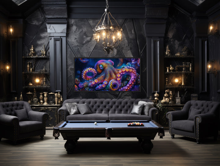 Trippy Octopus Framed Canvas Wall Art in game room