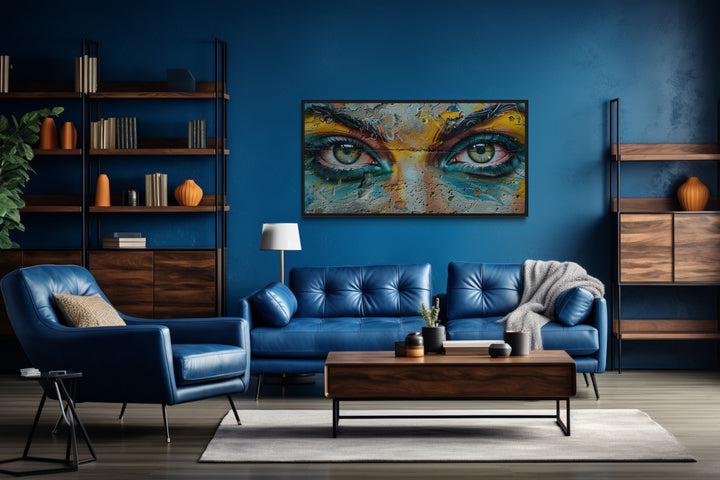 Trippy Eyes Graffiti Painting Framed Large Canvas Wall Decor in blue man cave