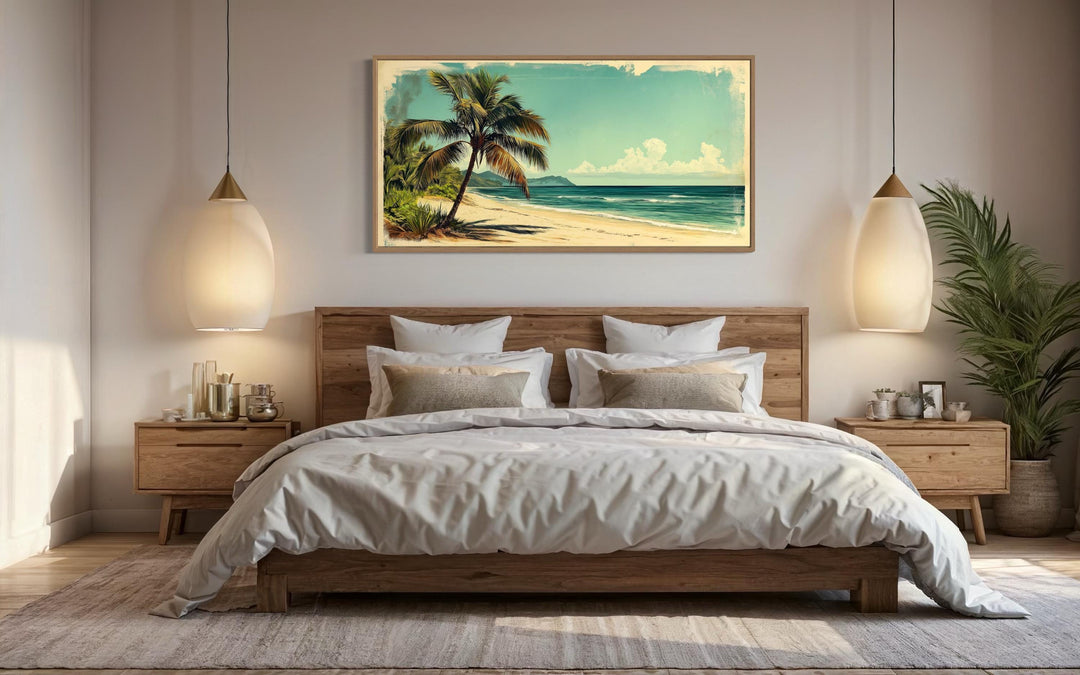 a serene bedroom with a large bed, wooden nightstands, and a framed painting of a beach scene above it.