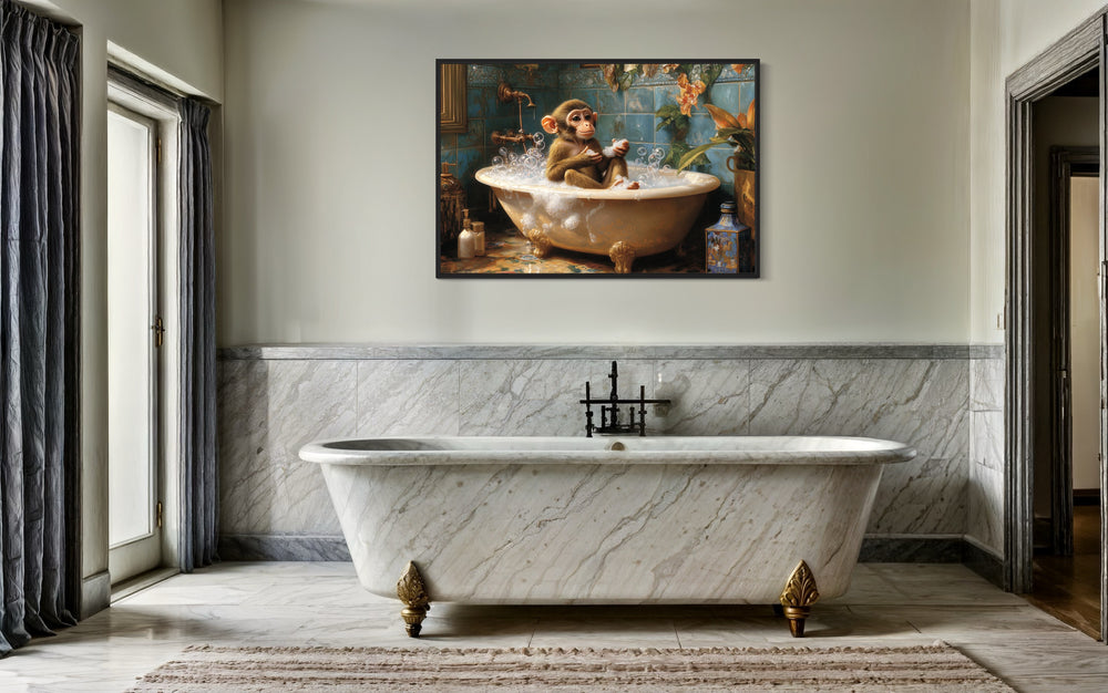 Monkey in a Bathtub Framed Canvas Wall Art in bathroom