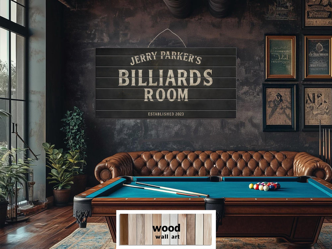Custom Billiards Wall Art - Distressed Wood Sign | Personalized Pool Table Decor