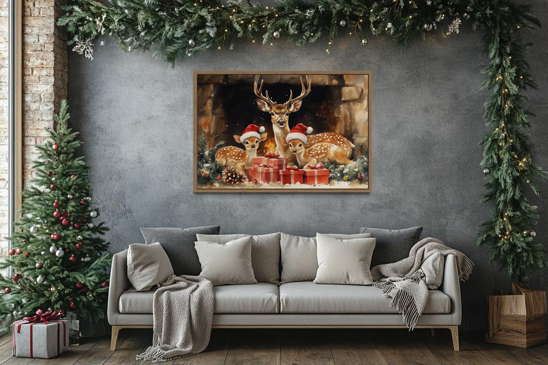 Christmas Deer With Santa Hats and Gifts Canvas Wall Art