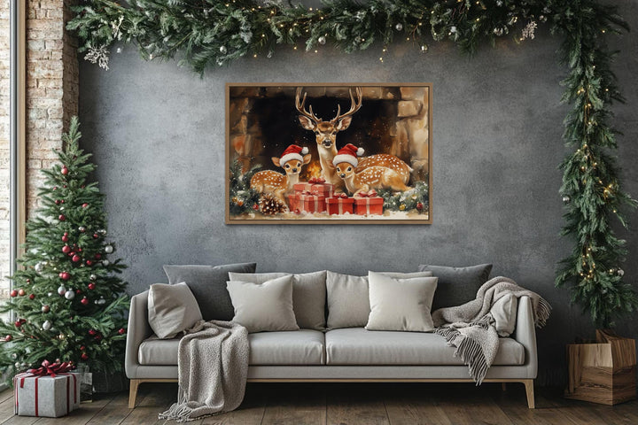 Christmas Deer With Santa Hats and Gifts Canvas Wall Art