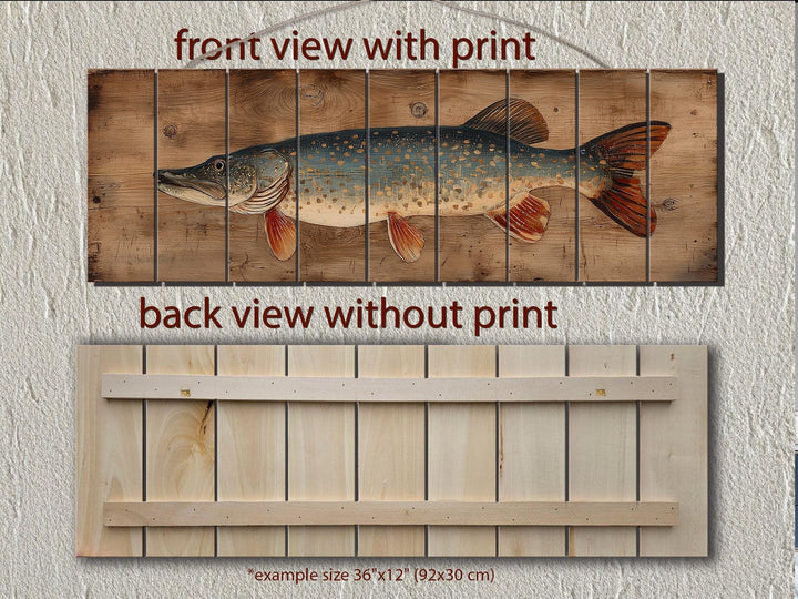 Northern Pike Distressed Wood Wall Art, Rustic Fishing Cabin Print On Wood Planks, Long Horizontal Lakehouse Angler Wall Decor
