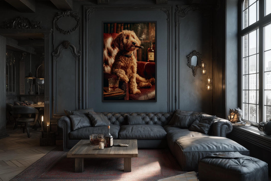 Red Brown  Goldendoodle Dog Drinking Whiskey and Smoking Cigar Canvas Wall Art