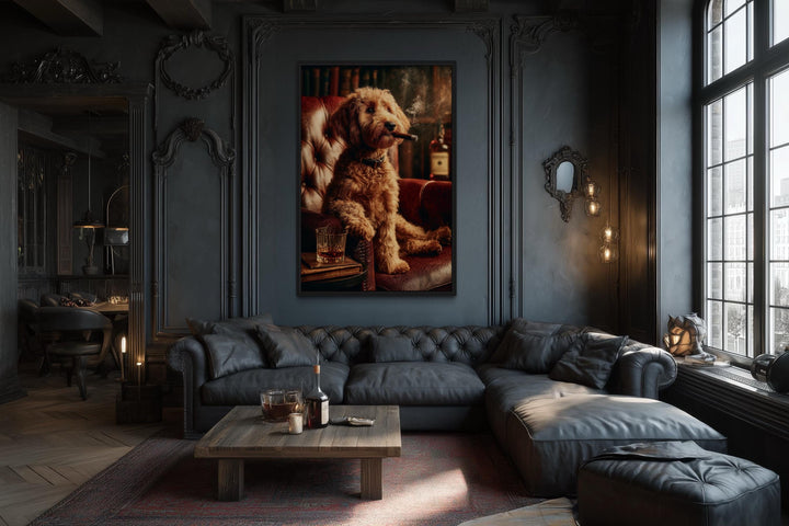 Red Brown  Goldendoodle Dog Drinking Whiskey and Smoking Cigar Canvas Wall Art