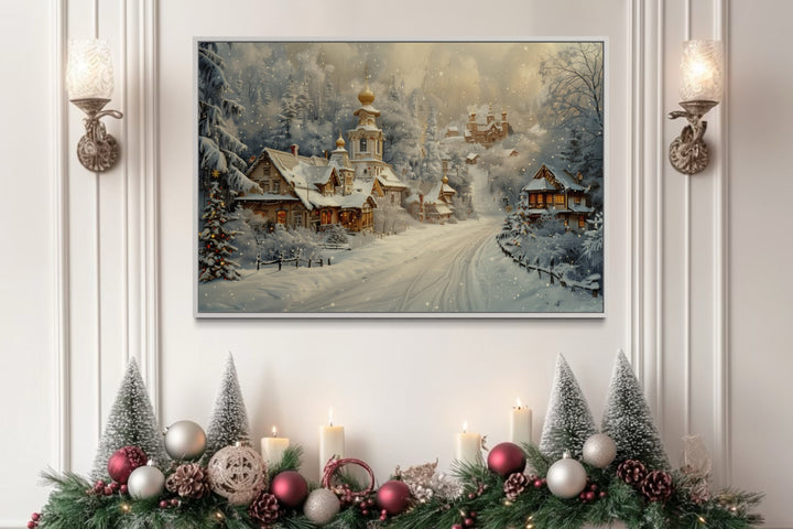 Christmas In Snowy Winter Village Framed Canvas Wall Art above decorated mantel