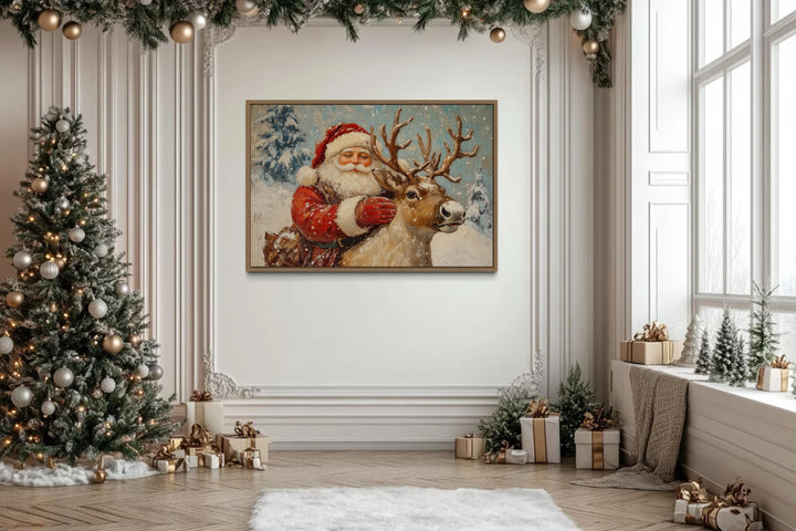 Santa Claus With Reindeer Christmas Canvas Wall Art