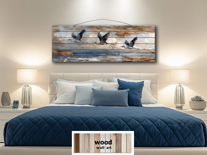 Flying Herons Distressed Wall Art on Wood Planks - Rustic Coastal Bird Decor for Beach Houses