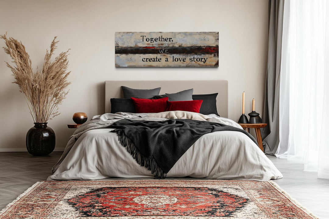 Above bed wall art canvas with romantic quote Together We Create a Love Story in a bedroom.