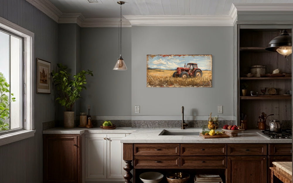 Vintage Old Red Tractor In The Wheat Field Rustic Canvas Wall Art in the farmhouse kitchen