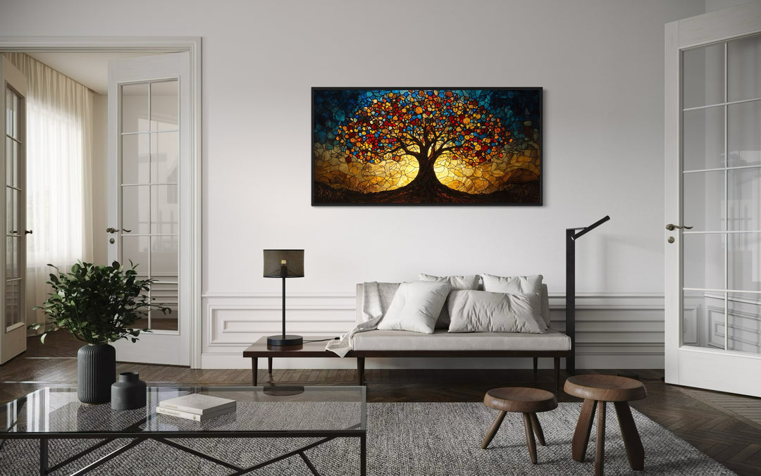 Yggdrasil Framed Canvas Wall Art In Stained Glass Style in living room