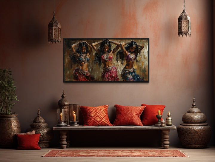 Three Indian Belly Dancers Framed Canvas Wall Art in traditional indian room