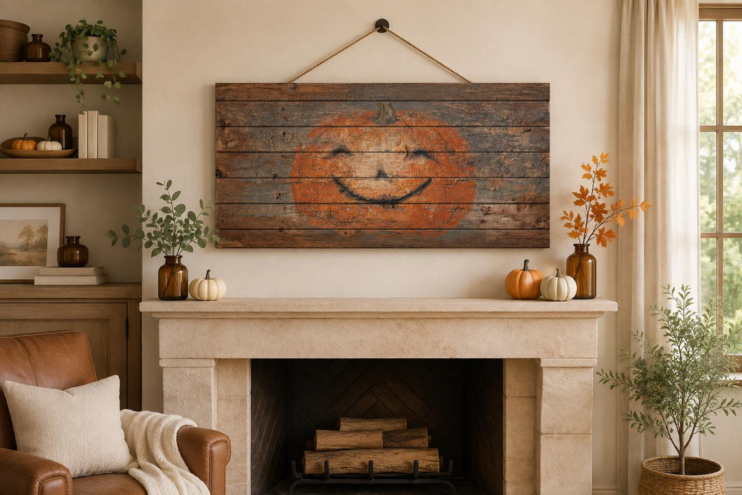 Primitive pumpkin face on distressed wood planks hanging above a fireplace mantel.