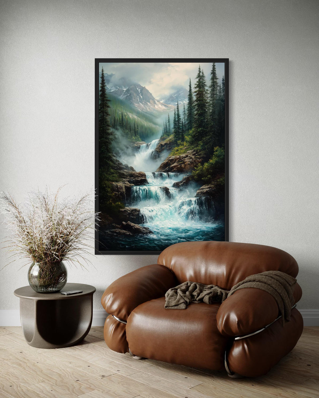 Vertical canvas wall art of a majestic mountain waterfall with pine trees and snow-capped peaks.