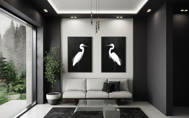 Set of 2 White Egrets On Black Background Canvas Wall Art