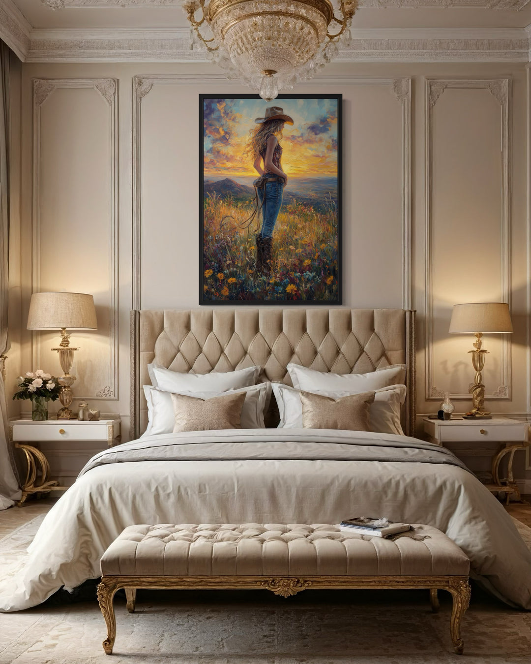 Cowgirl In Wildflowers Field At Sunset Framed Canvas Wall Art above bed