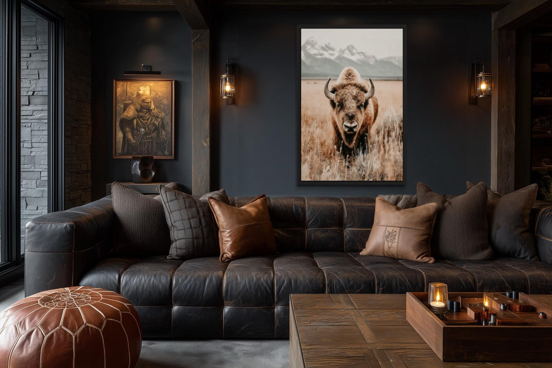 Sepia Bison Canvas Art – Rustic Buffalo Wall Art for Western Farmhouse Decor