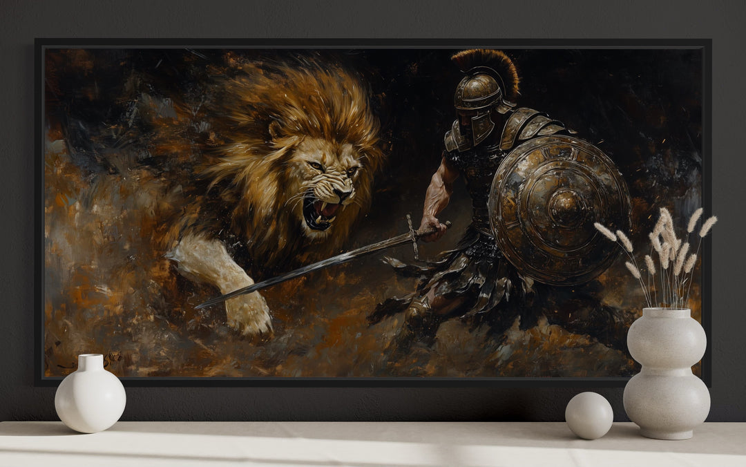 Gladiator Fighting Lion Canvas Wall Art close up