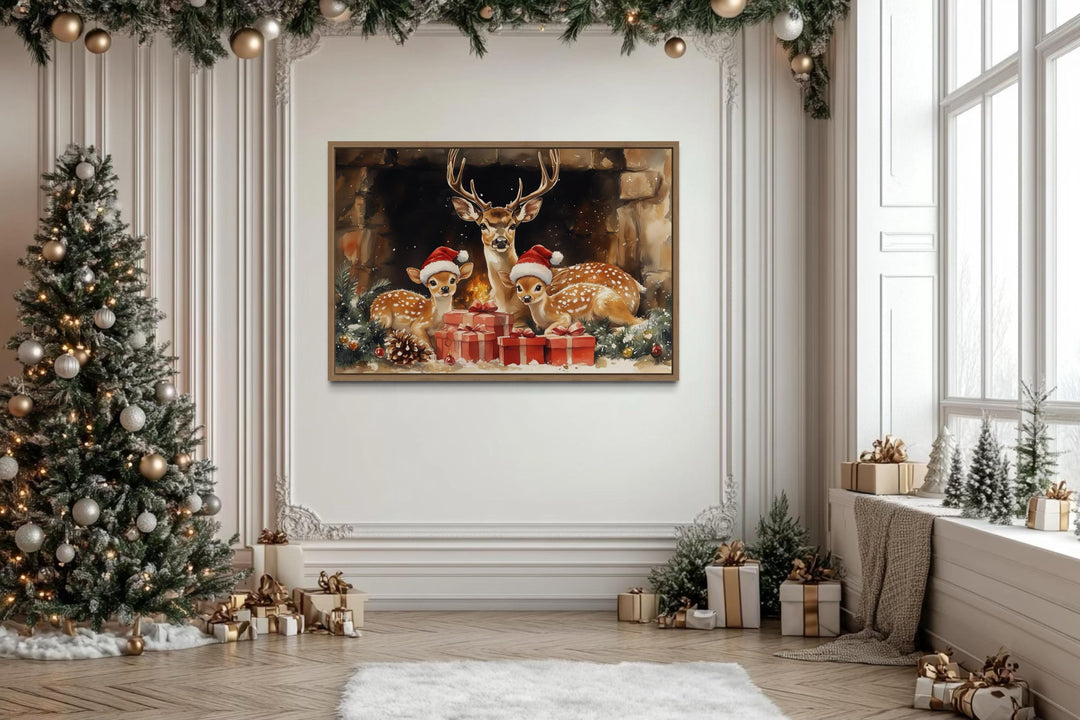 Christmas Deer With Santa Hats and Gifts Canvas Wall Art