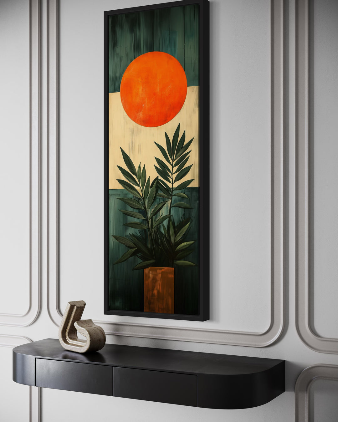 Mid Century Modern Orange Sun And Palm Leaves Framed Canvas Wall Art