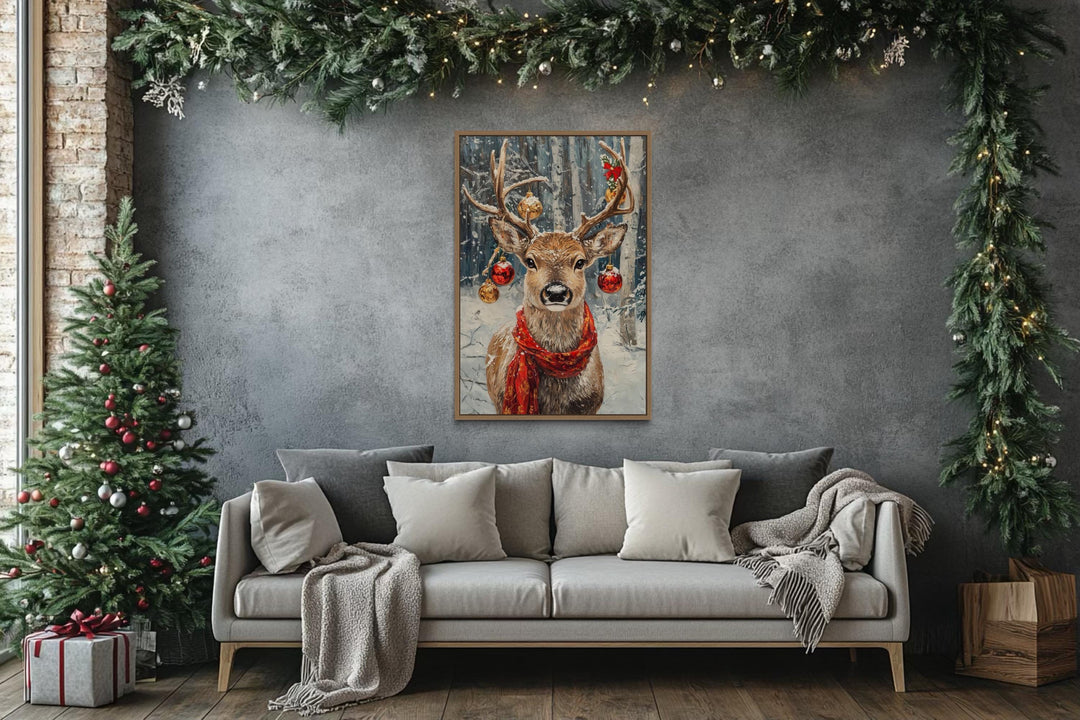 Christmas Reindeer With Red Scarf And Ornaments Canvas Wall Art