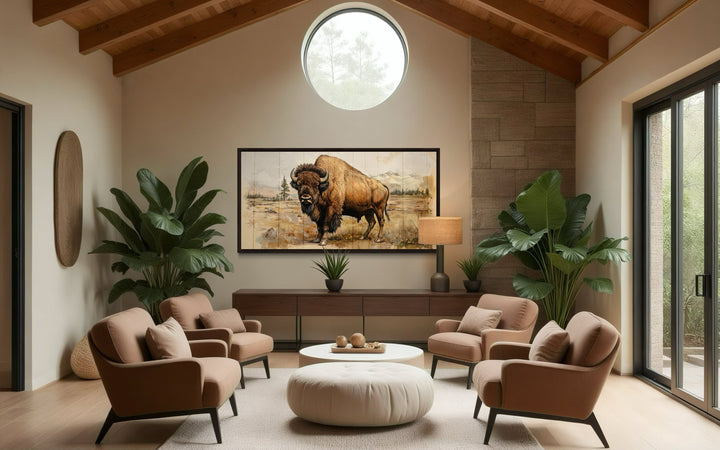 American Bison In Yellowstone National Park Framed Canvas Wall Decor in brown living room