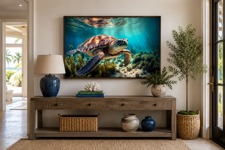 Sea turtle swimming over a coral reef underwater canvas wall art in a coastal living room.