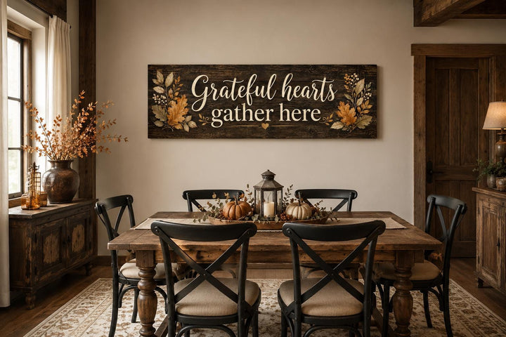Grateful Hearts Gather Here fall farmhouse sign above a rustic dining table with autumn decor.
